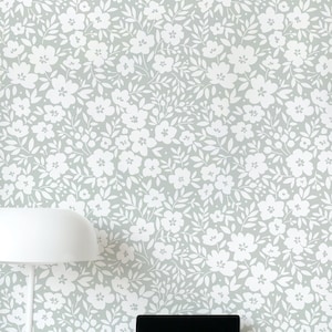 Flower Power Wallpaper - Helles Salbei. Tapete abziehen und aufkleben. Abnehmbar. Akzentwand. Mehrere Farboptionen verfügbar. 50 Zoll. Grün.