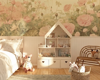 Rose Garden Mural. Bedroom Mural Wallpaper. Removable Peel and Stick + Traditional Wallpaper Options. Kids Bedroom Mural. Floral Wallpaper.