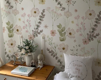 Nursery Floral Wallpaper. Removable Peel + Stick and Traditional Wallpaper Options. Accent Wall. Bedroom.