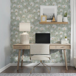 White Magnolia Wallpaper. Neutral Colours. Peel and Stick and Traditional Wallpaper Options. Removable. Accent Wall. Green Backing. * image 3