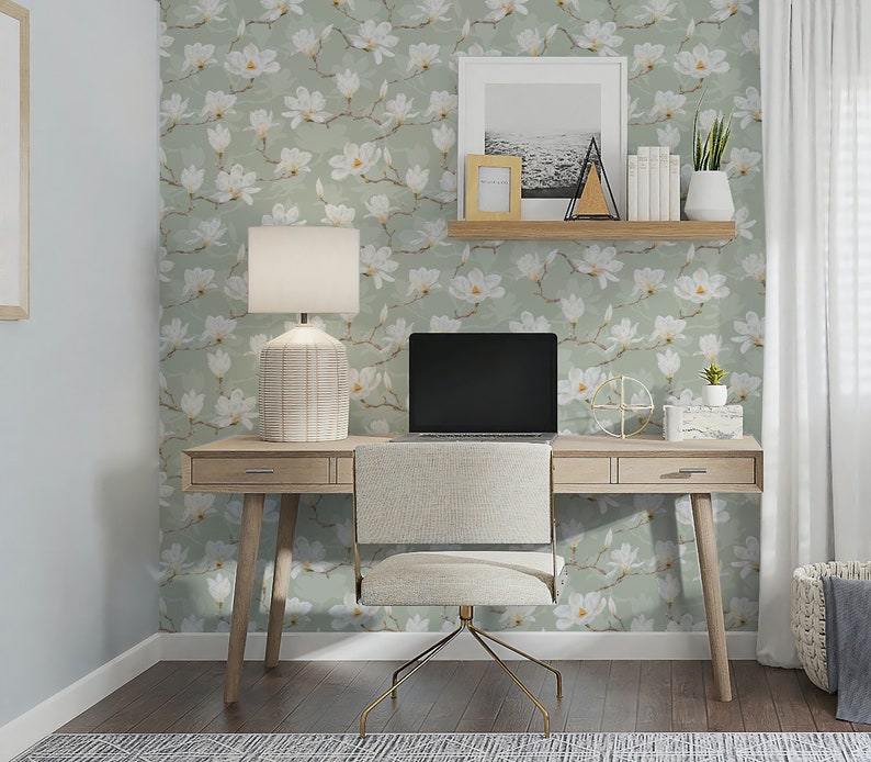 White Magnolia Wallpaper. Neutral Colours. Peel and Stick and Traditional Wallpaper Options. Removable. Accent Wall. Green Backing. * image 3