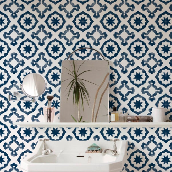 Geometric Watercolor Wallpaper. Navy. Modern. Minimal. Peel and Stick Wallpaper. Removable. Accent Wall. Multiple colors available. *