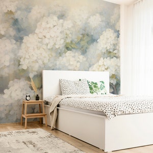 Watercolour Hydrangeas Mural. Bedroom Mural Wallpaper. Removable Peel and Stick + Traditional Wallpaper Options. Floral Mural. Bedroom.
