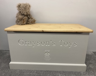 Handmade, personalised solid wood Owl toy box with soft closing lid