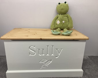 Handmade, personalised solid wood Rocket toy box with soft closing lid