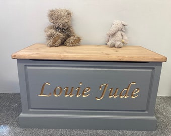 Handmade, personalised solid wood framed toy box with soft closing lid