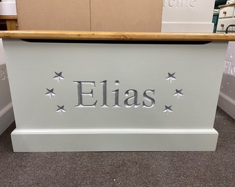 Handmade, personalised solid wood toy box, 3 star design with soft closing lid