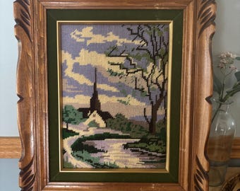 Vintage Needlepoint Tapestery Landscape Scene Church Carved Wooden Frame Cross-Stitch Embroidery