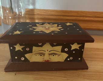 Vintage Celestial Sun Wooden Jewellery Box 1990s Astrology Boho
