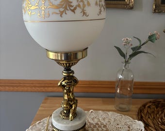 Vintage Lamp Brass Cherub on Marble Base with Glass Globe Shade Gold Accent Hollywood Regency