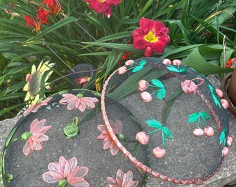 Vintage Mesh Food Cover (2) Flower and Cherry Motifs Farmhouse Picnic