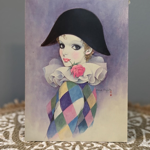 Vintage Pierrot Love Notizblock Mira Fujita 1980er Jahre Trauriger Clown Harlekin mit Rose