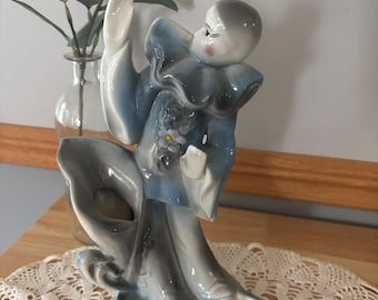 Vintage Pierrot clown-style vase flower holder 1980s Blue Harlequin