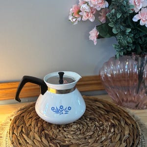 Könnte beinhalten: Weiße Teekanne mit blauem Blumenmuster, schwarzem Griff und Deckel. Die Teekanne steht auf einem gewebten Platzset. Rosa Blumen in einer Vase sind im Hintergrund.