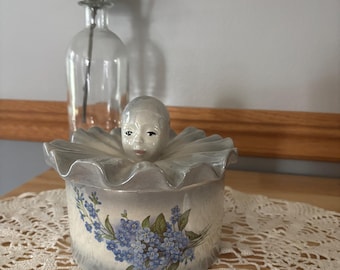 Vintage Pierrot Trinket Box with Blue Flowers