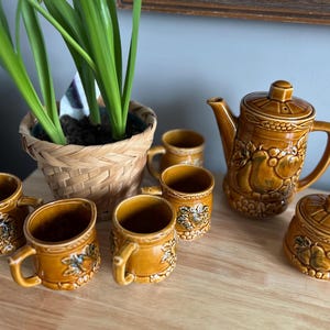 Vintage Hand-Painted Ceramic Tea Set: Mottled Brown Majolica, Made in Japan