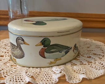 Vintage round storage tin mallard duck made in England