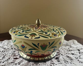 Vintage Engelse blikken snoepkoekjesdoos: tulpenlinten Snuisterijdoosje