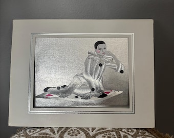 Vintage Wunderschöner Pierrot Foliendruck: Trauriger Clown Harlekin Metallic Effekt 1980er Jahre