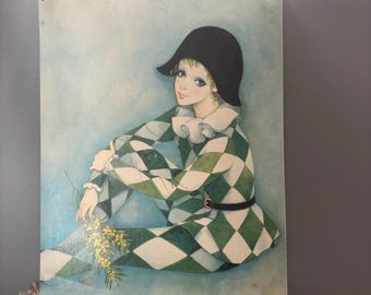Vintage Mira Fujita Framed Art Print Pierrot With Rose 25x21