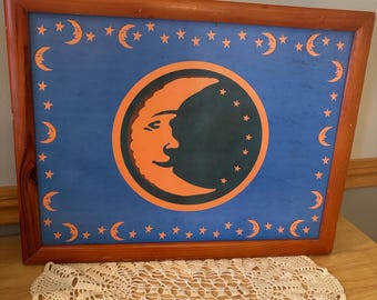 vintage celestial Cushioned wooden tray bold blue orange moon and star Boho 1990s