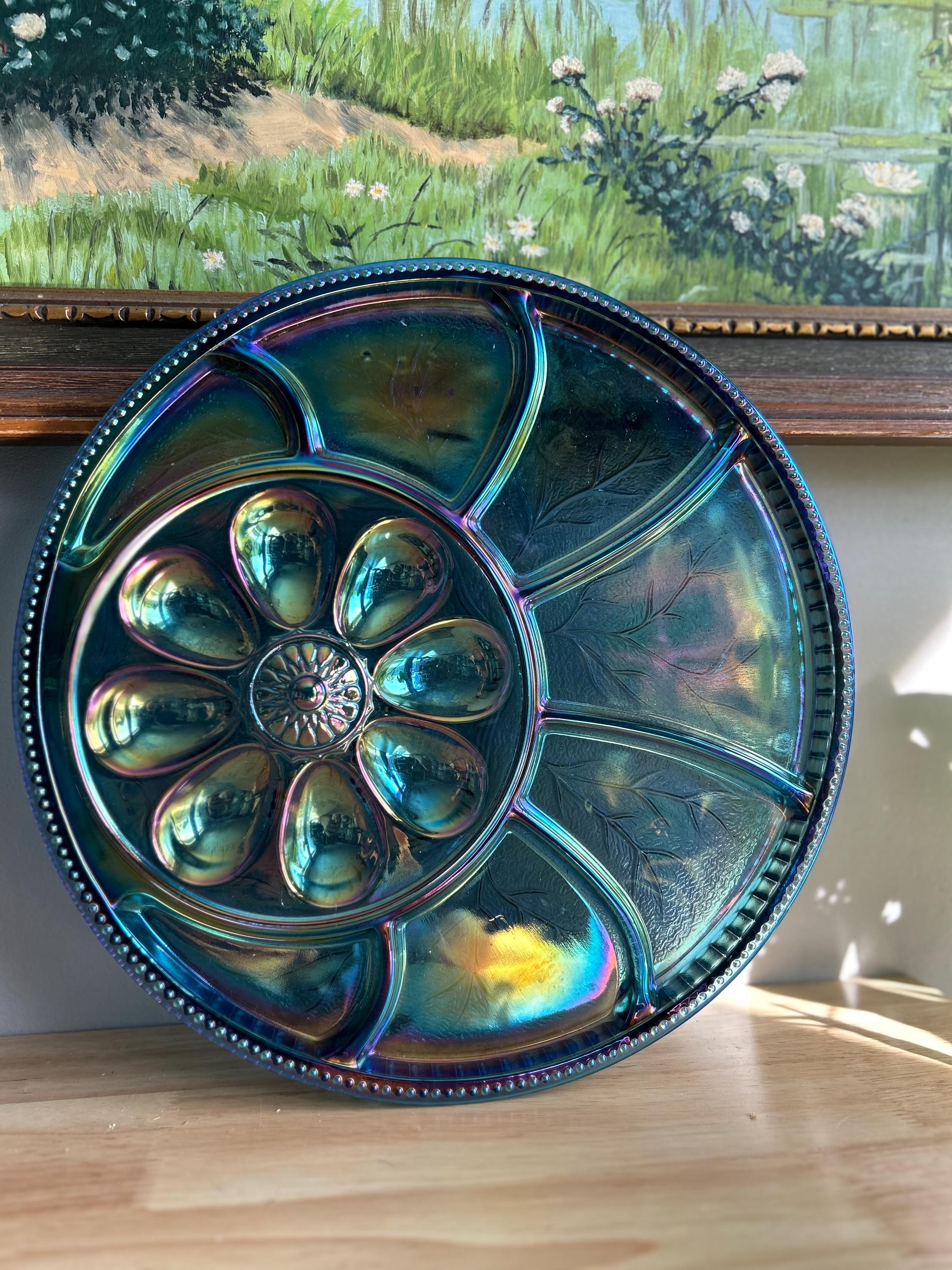 Vintage Indiana Glass Iridescent Blue Carnival Glass Deviled Egg