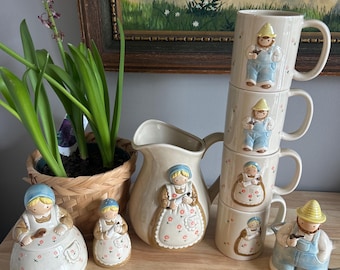 Vintage Otagiri Farmer & Wife Ceramic Set: Pitcher, Creamer, Sugar Bowl, Cups
