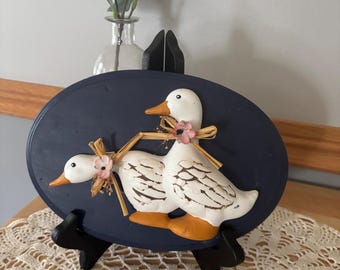 Vintage White Ceramic Ducks on Navy blue Oval Wall Hanging Farmhouse Country Cottagecore