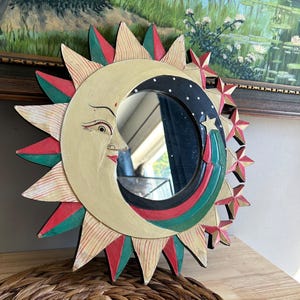 Vintage Sun Moon Stars Wooden Mirror Celestial 90’s Decor