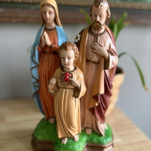 Colorful Vintage religious chalkware figurine Statue the Holy Family Joseph, Virgin Mary and the Child Jesus made in France