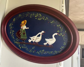 Vintage Large Oval Geese Goose Wall Painting Farmhouse 1990s Country Decor Girl & Ducks