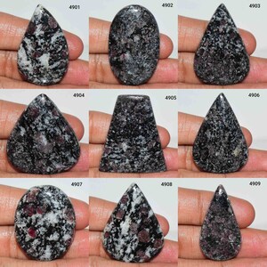 Op de afbeelding: Negen gepolijste edelstenen met verschillende vormen. Elke steen heeft een gespikkeld patroon van zwart, wit en rood. De edelstenen worden gepresenteerd tegen een neutrale achtergrond, die hun unieke texturen en kleuren benadrukt. Vormen zijn druppel, ovaal en trapezium.