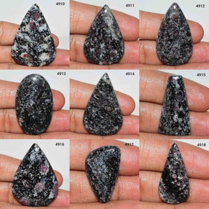 May include: Nine cabochon gemstones with a black and white speckled pattern and red flecks. The gemstones are in various shapes, including oval, teardrop, and pear.