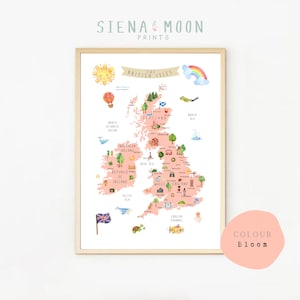 May include: A colorful illustrated map of the British Isles with a pink background. The map includes various landmarks and symbols representing different regions of the UK. The title of the map is "The British Isles".