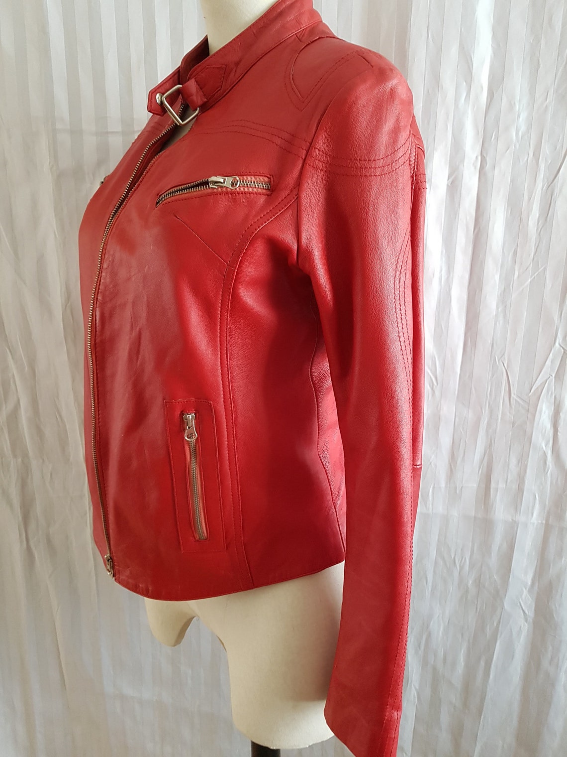 Retro Red Leather Ladies Biker Style Jacket Etsy