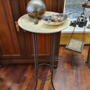Side table, table, unique, single piece, ceramic, metal, steel base, table with ceramic top, motif: stylized dandelion