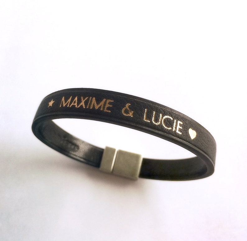 Message bracelet and first name in black leather for men and women, tailor-made, to personalize. Genuine leather, cow, cow, cattle, pork. Marquage Or