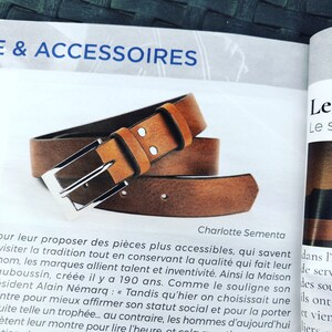 LEATHER BELT LUXURY Man / Woman 30 mm-Rectangle buckle Vegetable tanned leather Brown-Double passer Charlotte Sementa Valentine's Day image 5