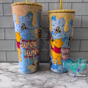 Pooh Bear Themed Straw Tumbler|Glitter Tumbler| Retro| Disney| Travel Mug| Gift Ideas| Bling| Cold Cup| Birthday|Drip Tumbler