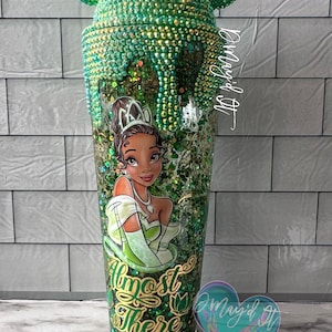 Vaso de bola de nieve con temática de la Princesa Tiana/Vaso con purpurina/Retro/Disney/Taza de viaje/Ideas de regalo/Brillante/Taza fría/Cumpleaños/Vaso antigoteo