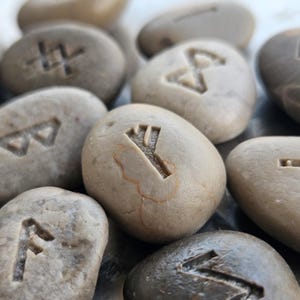 Sea Stone rune, Rune Stones, Spiritual Stones, Futhark Reiki, Rune Stone Symbols, Engraved rune set, Personalized Rocks with Leather Box