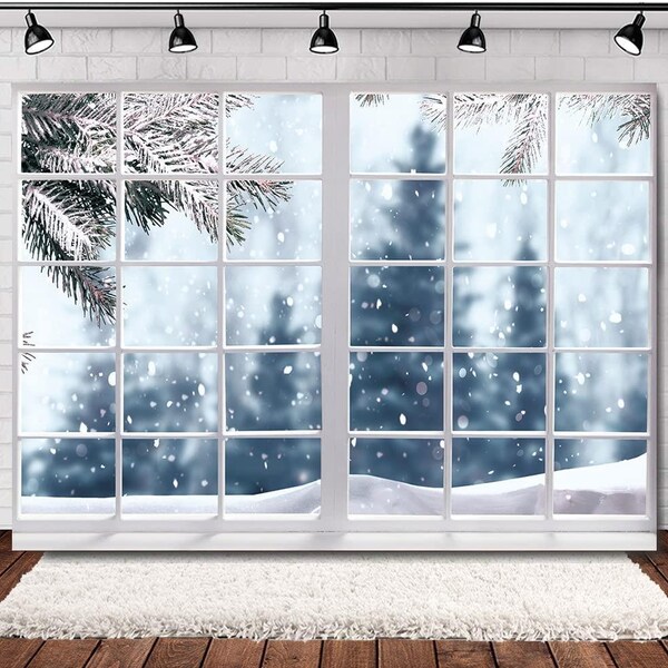 Christmas Snow Winter Scene Backdrop Window Scene Backdrop Christmas New Year Party Backdrop Winter White Snow Kids Photography Backdrop