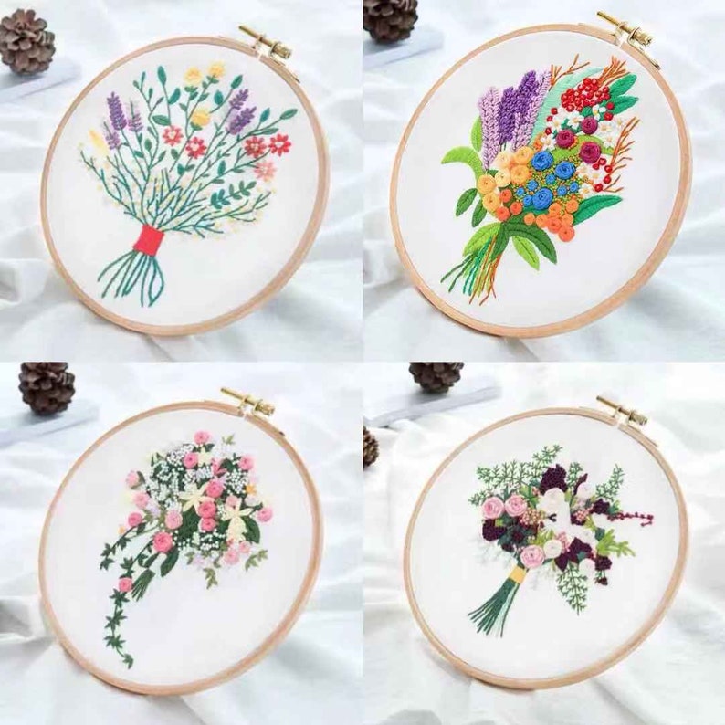 Hand Embroidery Kit-Embroidery Hoop Wall Art Kit Christmas Gift Wedding Flowers Patterns Plants Embroidery Kit For Beginner Modern