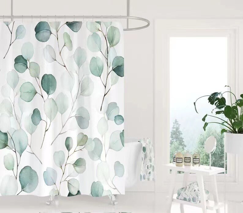 Greenery Eucalyptus Leaves Shower Curtain With 12 Hooks Etsy
