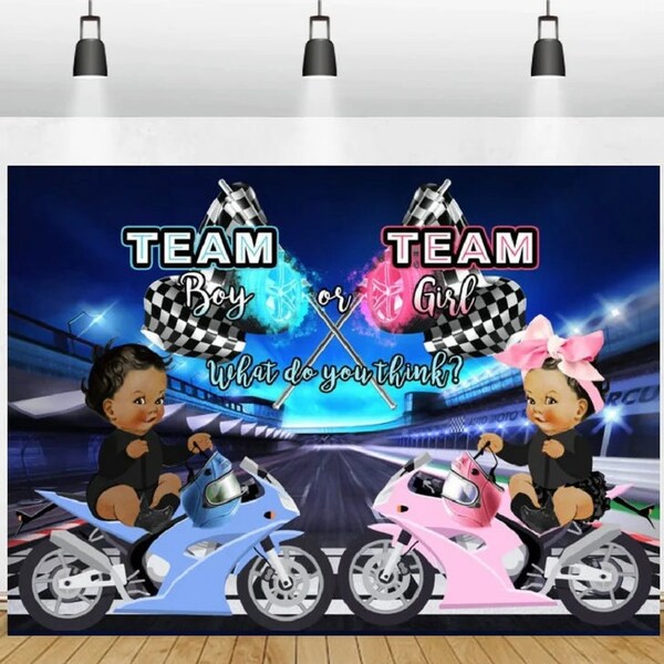 Gender Reveal Baby Shower Photography Backdrop,Racing Car Themed Backdrop,Blue pink Motorcycle Race Grid Flag Background Custom Backdrop