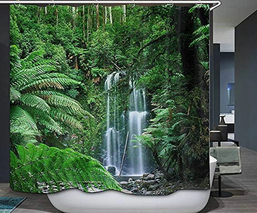 Rainforest Shower Curtain With 12 Hooks Green Tree Waterfalls Waterproof  Fabric Shower Curtains Nature Rainforest Bathroom Curtain 