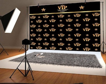 VIP Black Backdrop Twinkle Golden Stars Backdrops for Red Carpet Party Event Decor Vinyl Background Baby Shower Girls Boys Birthday Decor