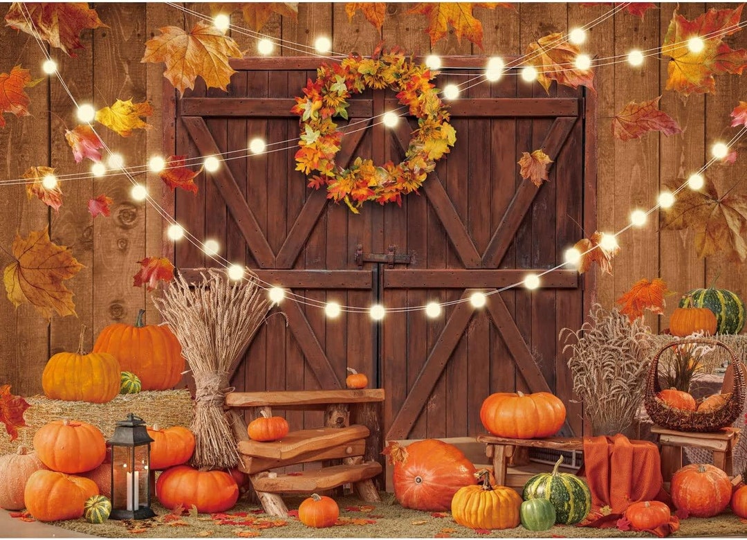 Fall Thanksgiving Backdrop Wooden Door Autumn Backdrops for