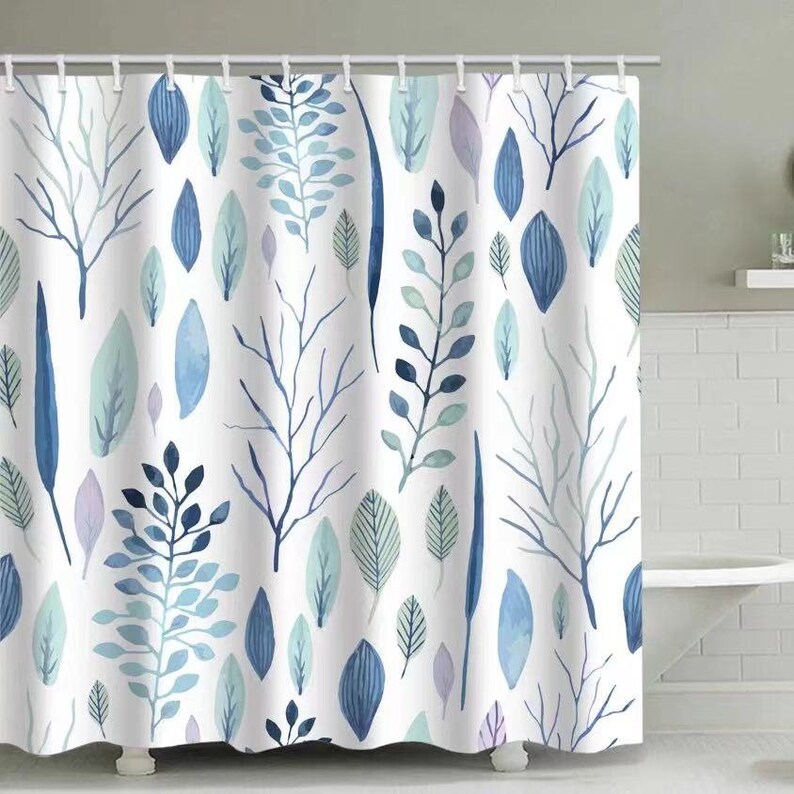 Green Plant Leaf Shower Curtain Set With Hooks Print Floral Etsy