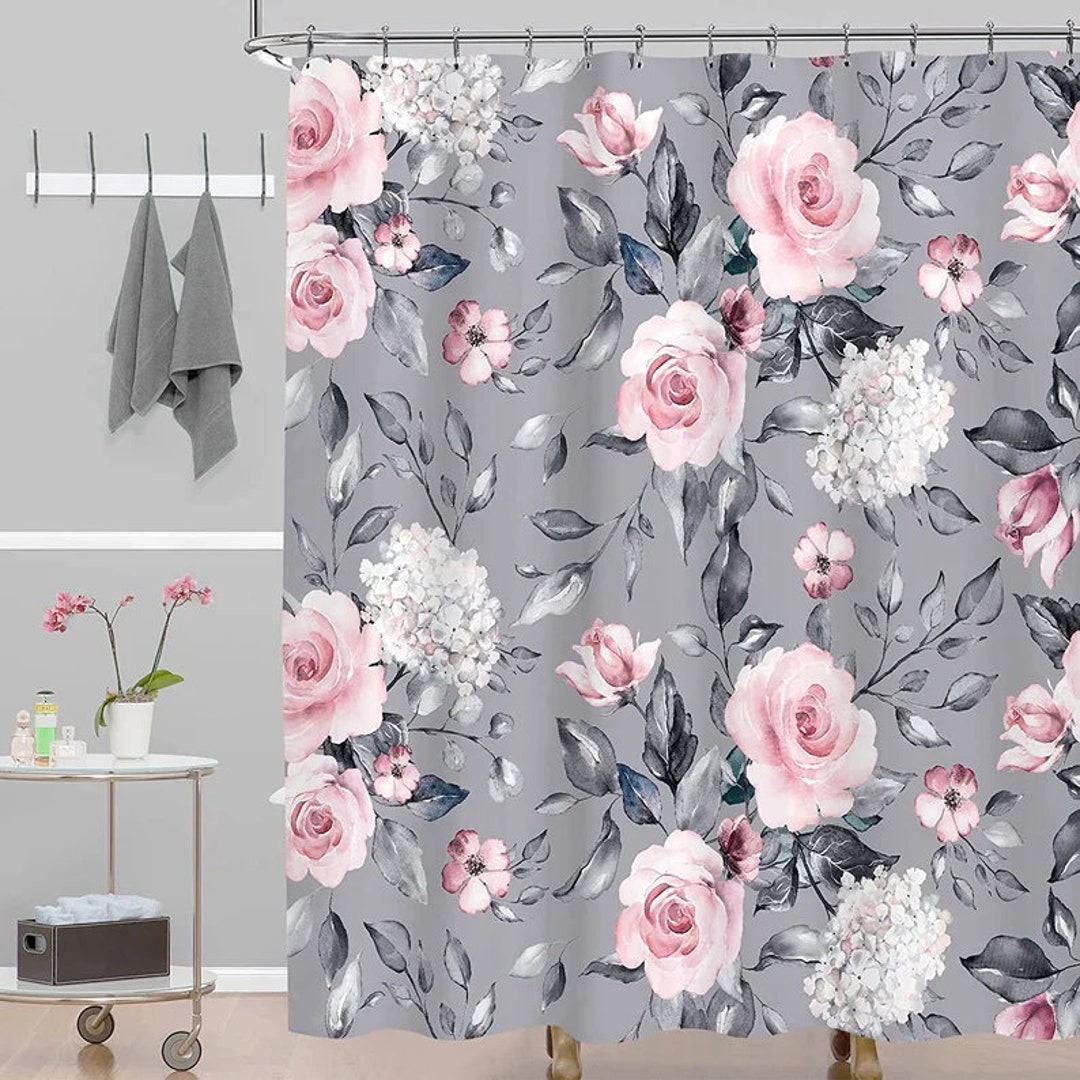 Gray Floral Shower Curtain With 12 Hooks Vintage Pink Roses Etsy